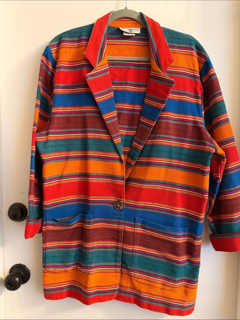 Vintage Womens CENTRAL FALLS RAINBOW INDIAN MEXICAN BLANKET BLAZER JACKET Medium